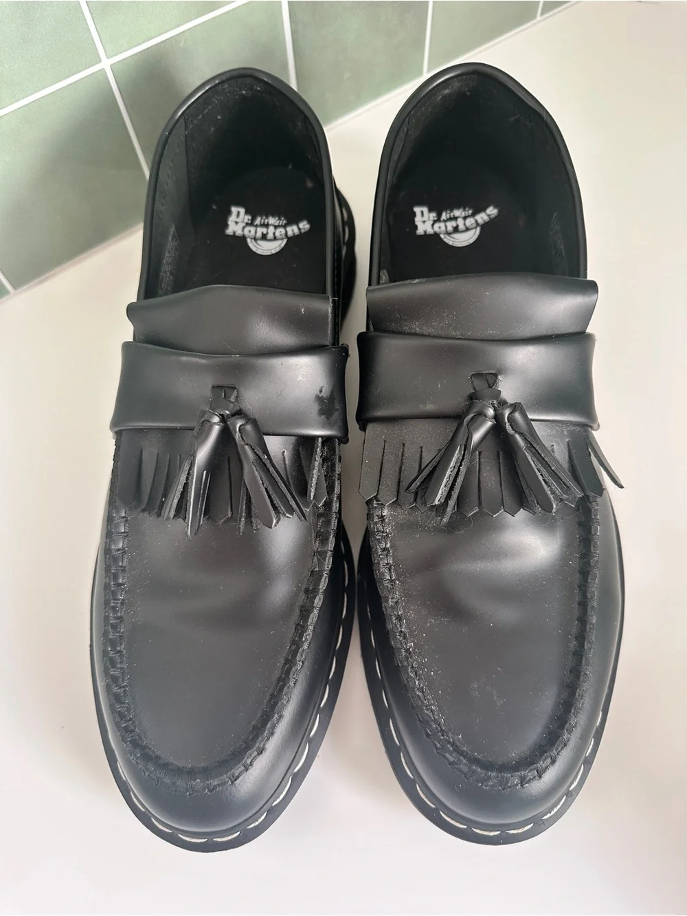 Dr. Martens Adrian Black Leather Tassel Loafers for Men - White Stitch